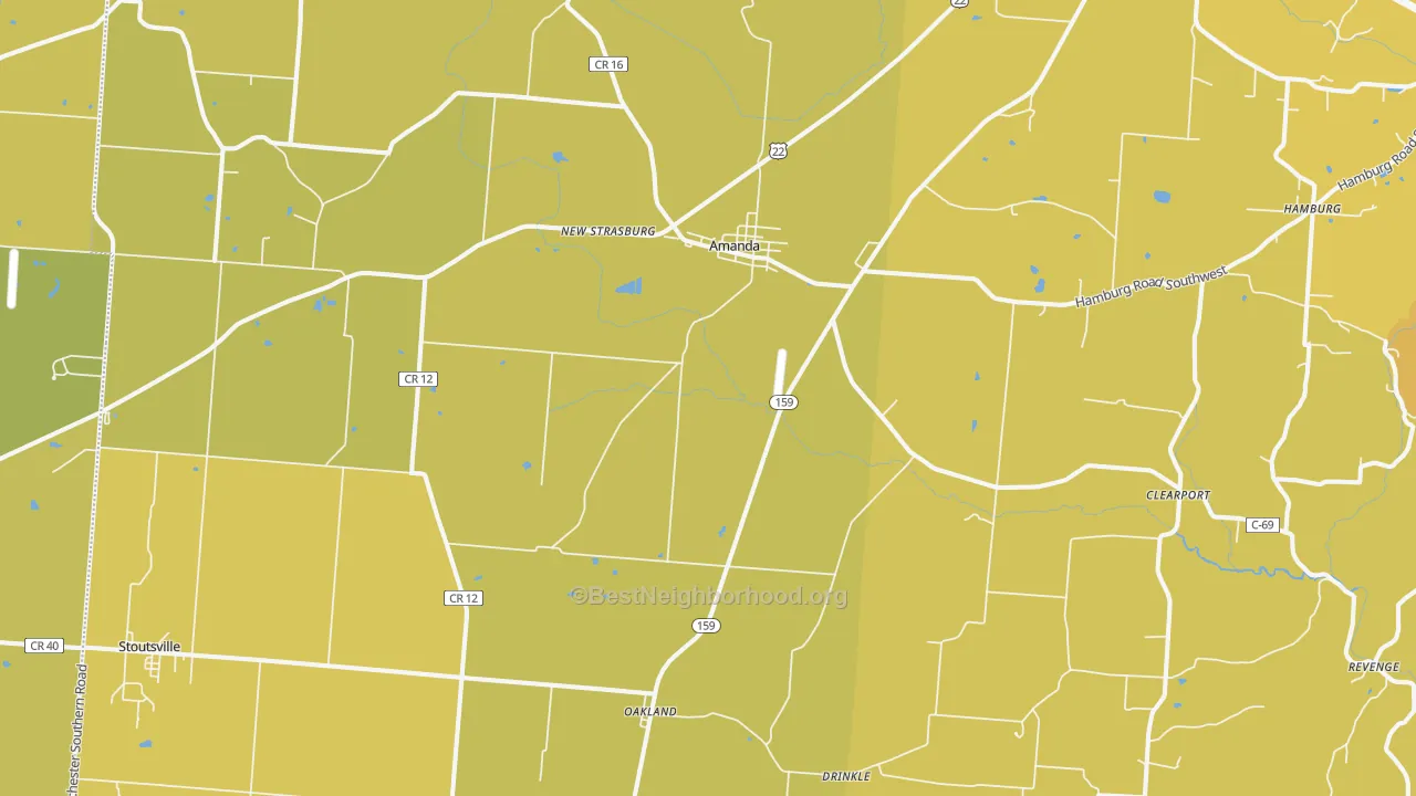 Map of the best neighborhoods in the Amanda area, with better matches in green and worse matches in red