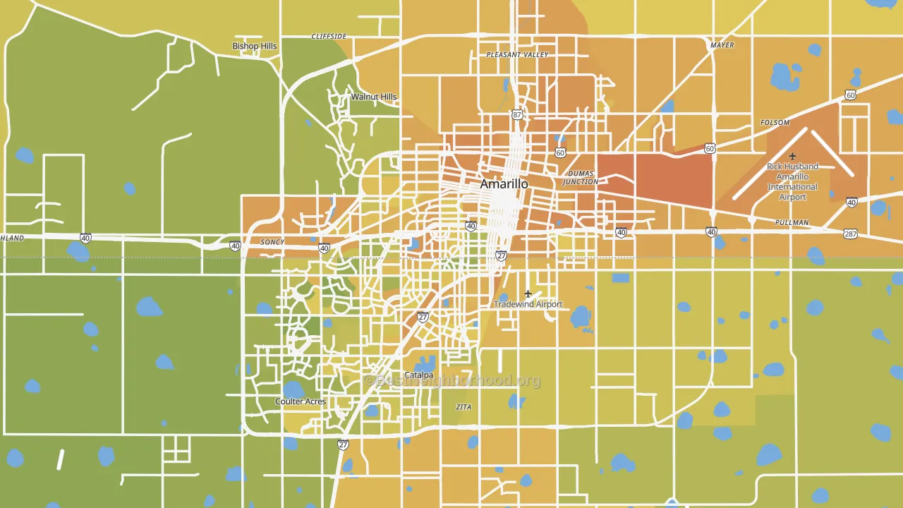 Map of the best neighborhoods in the Amarillo Metro area, with better matches in green and worse matches in red
