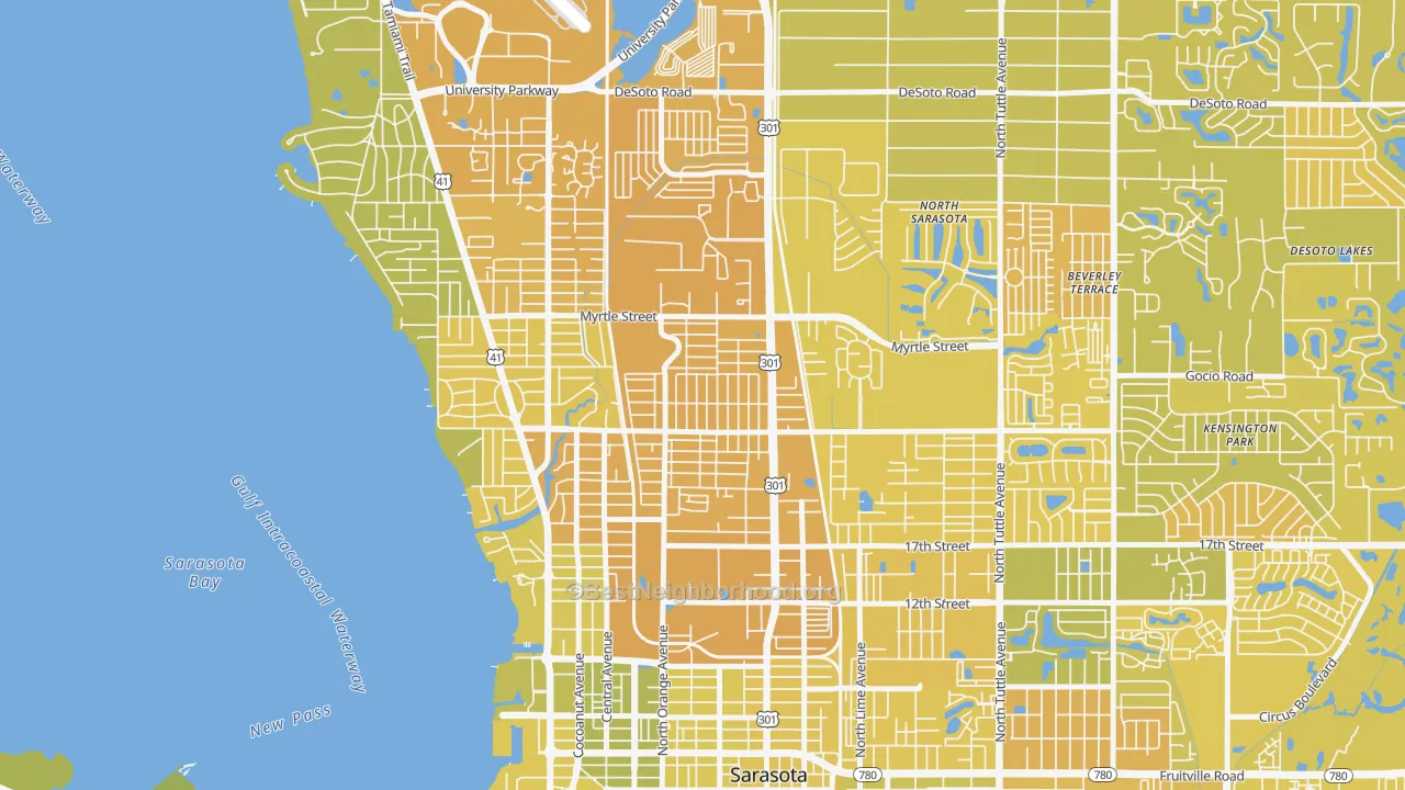 Map of the best neighborhoods in the Amaryllis Park, Sarasota area, with better matches in green and worse matches in red
