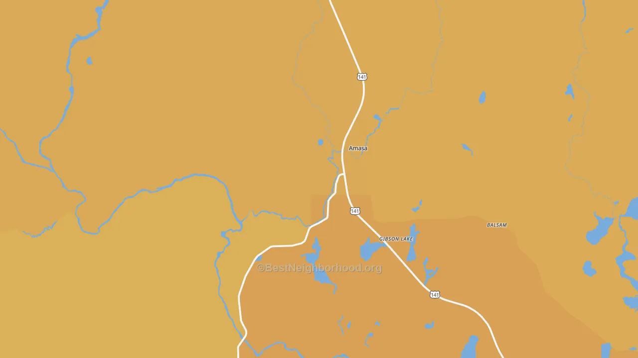 Map of the best neighborhoods in the Amasa area, with better matches in green and worse matches in red