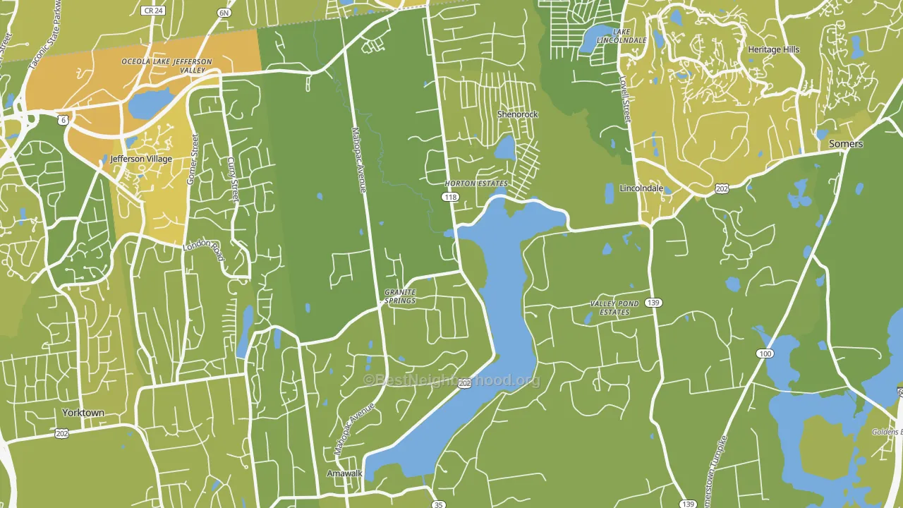 Map of the best neighborhoods in the Amawalk area, with better matches in green and worse matches in red