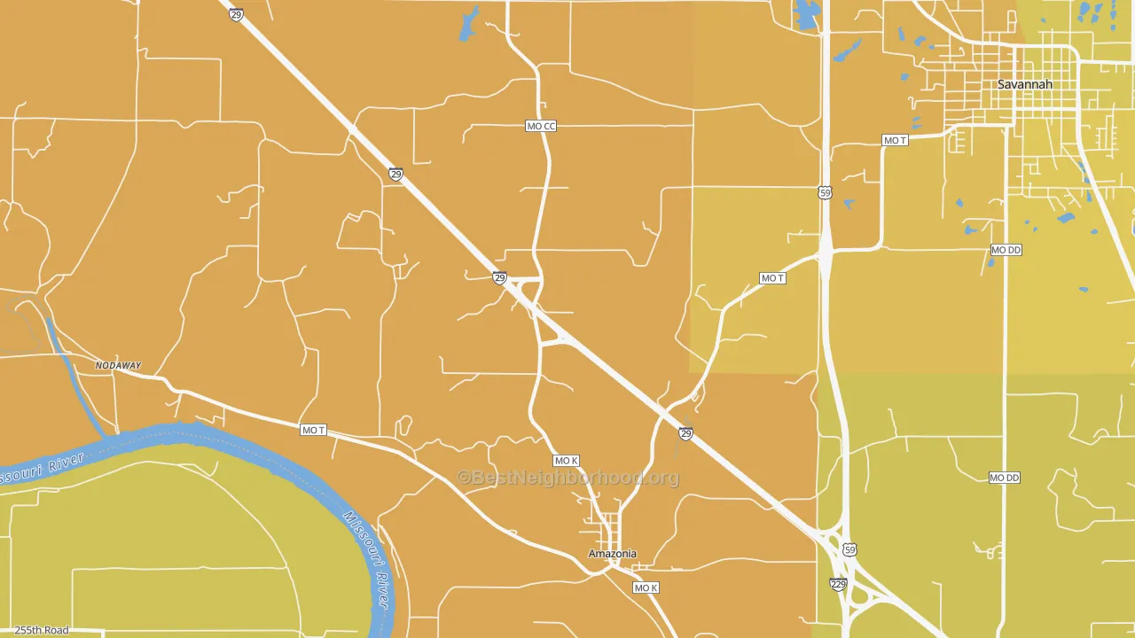 Map of the best neighborhoods in the Amazonia area, with better matches in green and worse matches in red