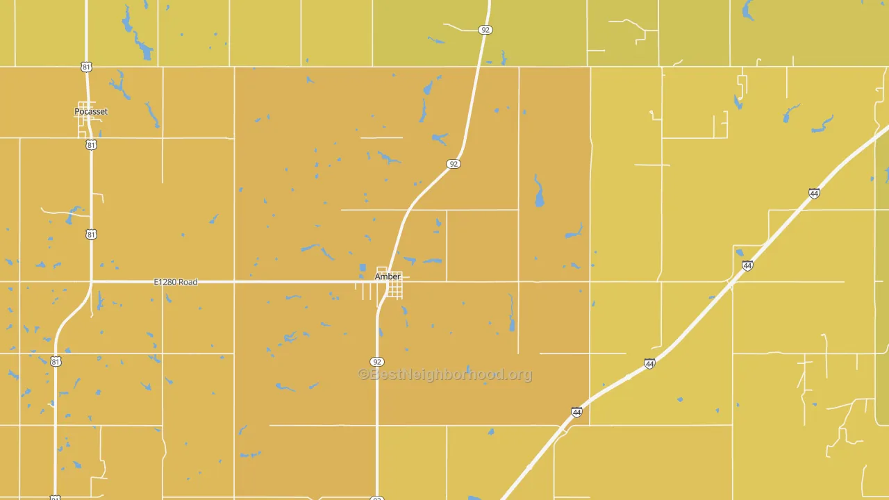 Map of the best neighborhoods in the Amber area, with better matches in green and worse matches in red