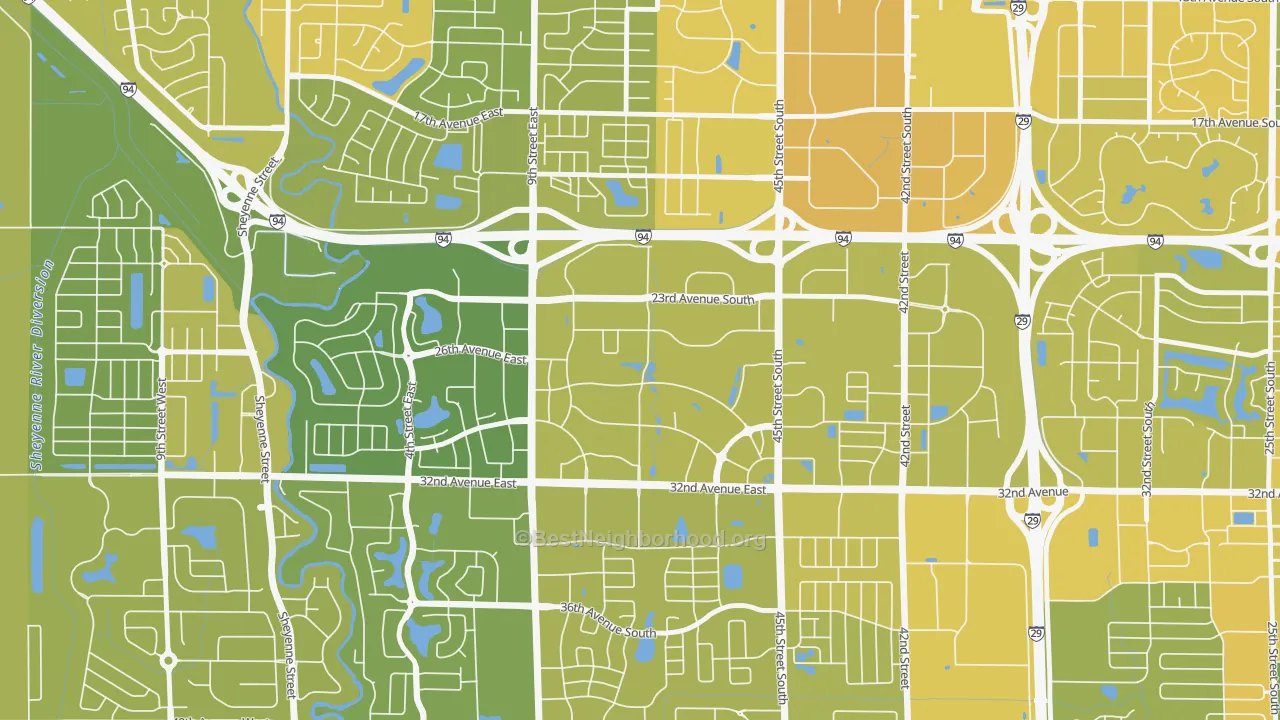 Map of the best neighborhoods in the Amber Valley, Fargo area, with better matches in green and worse matches in red
