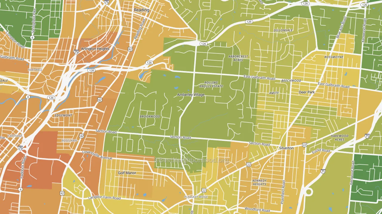 Map of the best neighborhoods in the Amberley area, with better matches in green and worse matches in red