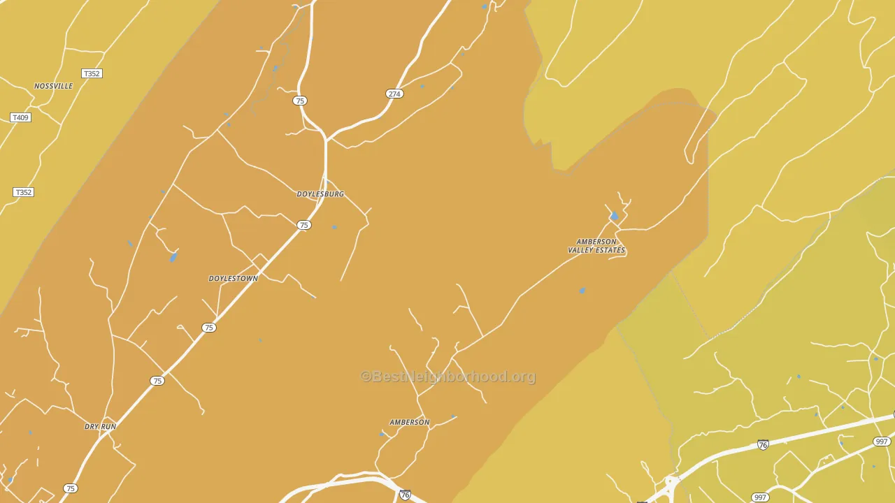 Map of the best neighborhoods in the Amberson area, with better matches in green and worse matches in red