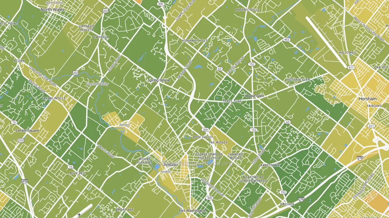 Map of the best neighborhoods in the Ambler area, with better matches in green and worse matches in red