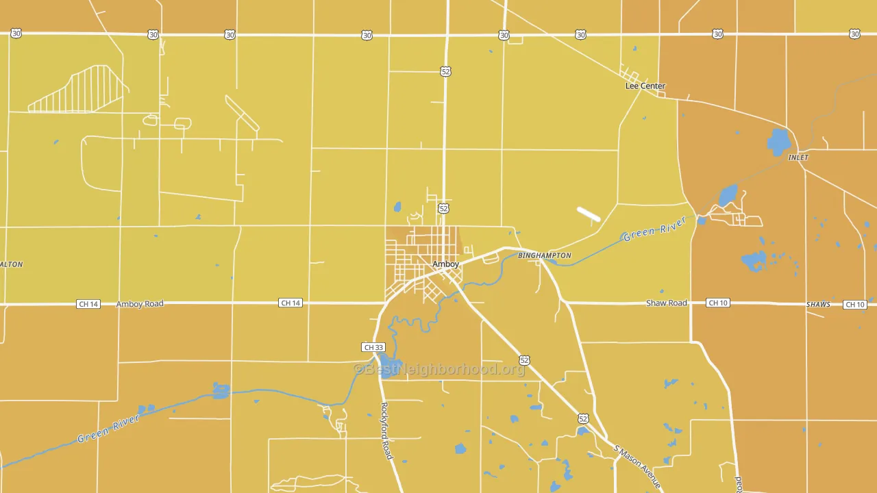 Map of the best neighborhoods in the Amboy area, with better matches in green and worse matches in red