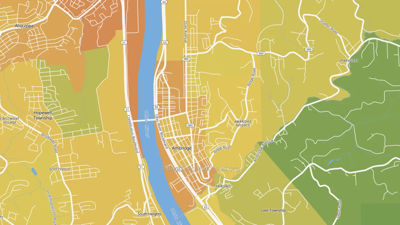 Map of the best neighborhoods in the Ambridge area, with better matches in green and worse matches in red