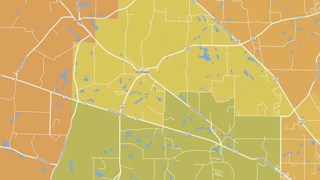 Map of the best neighborhoods in the Ambrose area, with better matches in green and worse matches in red