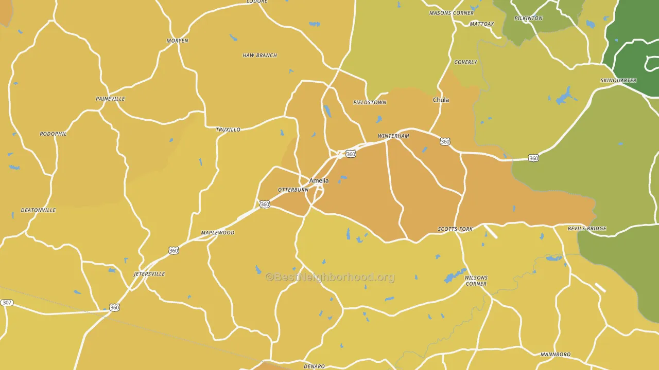 Map of the best neighborhoods in the Amelia County area, with better matches in green and worse matches in red