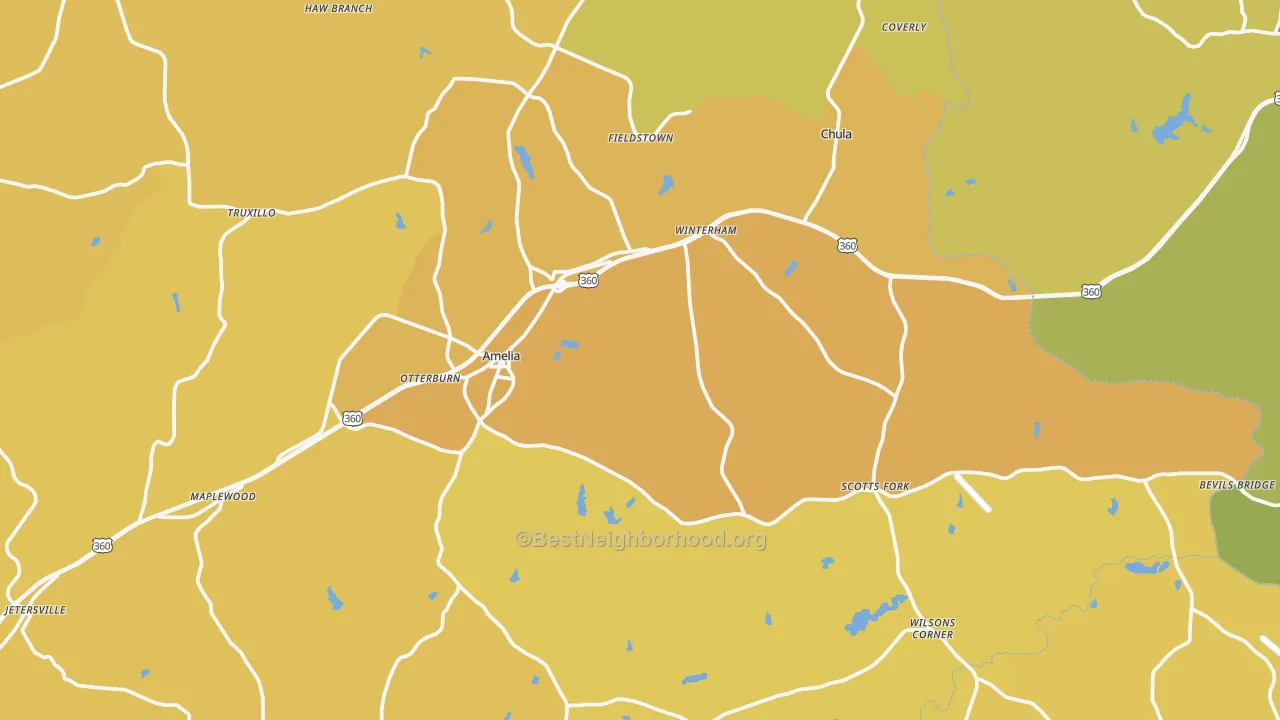 Map of the best neighborhoods in the Amelia Court House area, with better matches in green and worse matches in red