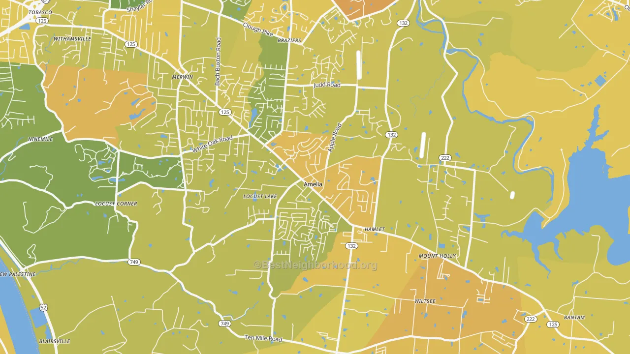 Map of the best neighborhoods in the Amelia area, with better matches in green and worse matches in red