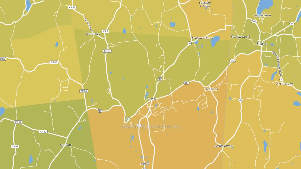 Map of the best neighborhoods in the Amenia area, with better matches in green and worse matches in red
