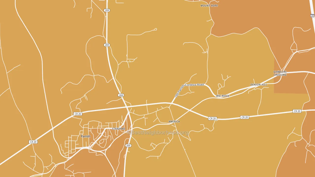 Map of the best neighborhoods in the America area, with better matches in green and worse matches in red
