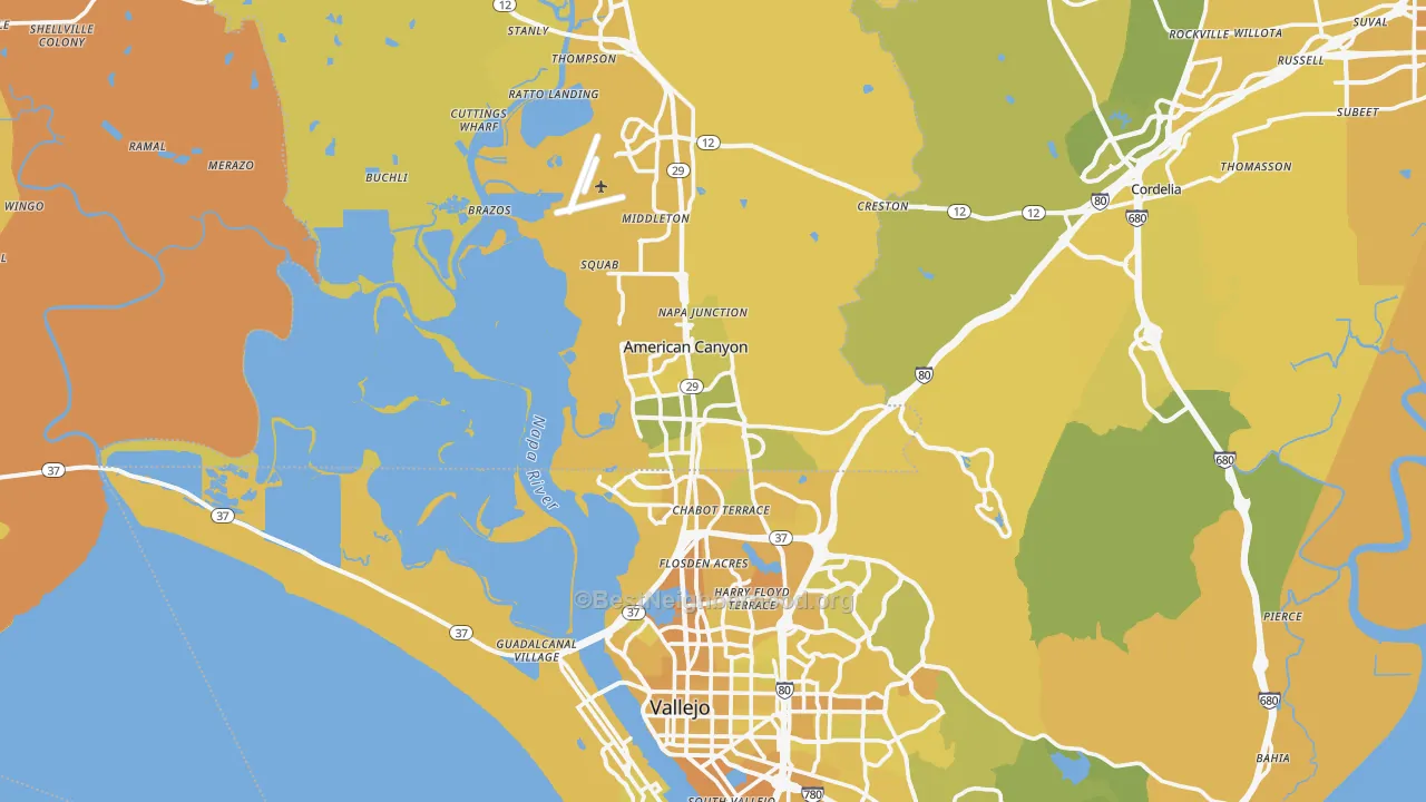 Map of the best neighborhoods in the American Canyon area, with better matches in green and worse matches in red