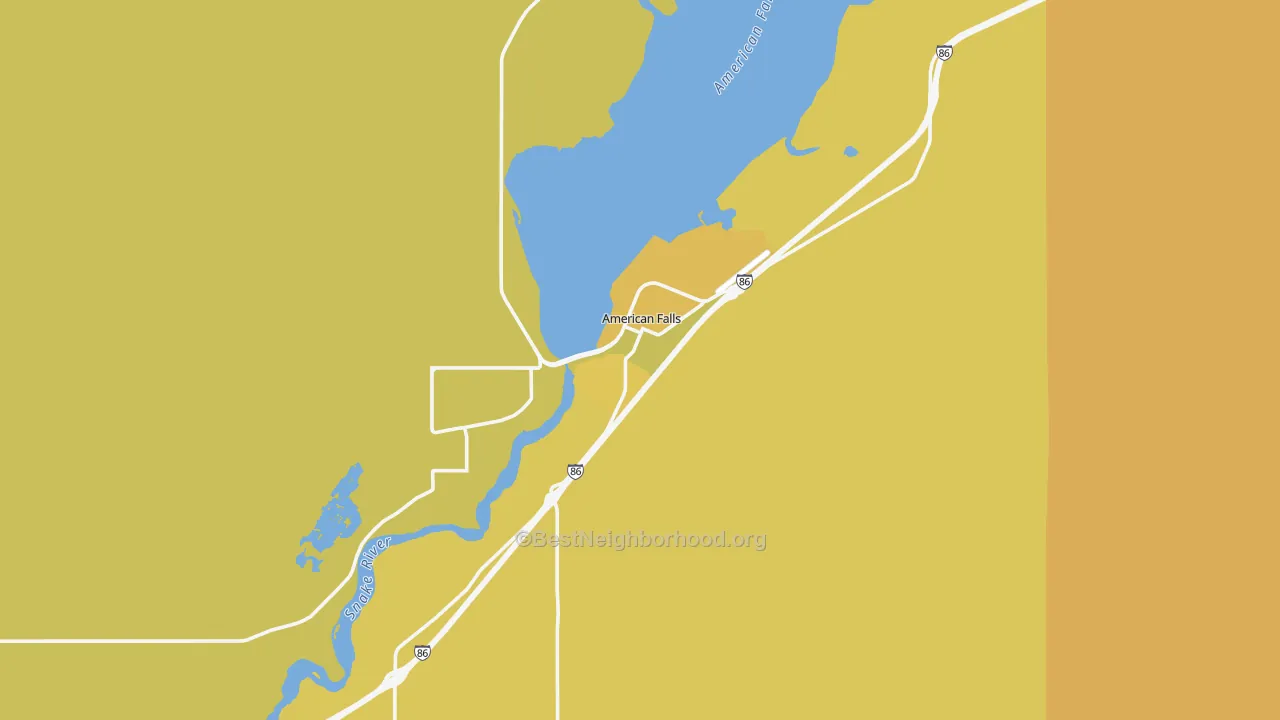 Map of the best neighborhoods in the American Falls area, with better matches in green and worse matches in red