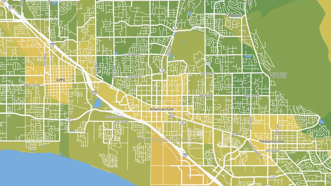 Map of the best neighborhoods in the American Fork area, with better matches in green and worse matches in red