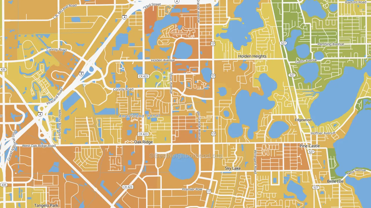 Map of the best neighborhoods in the Americana, Oak Ridge area, with better matches in green and worse matches in red