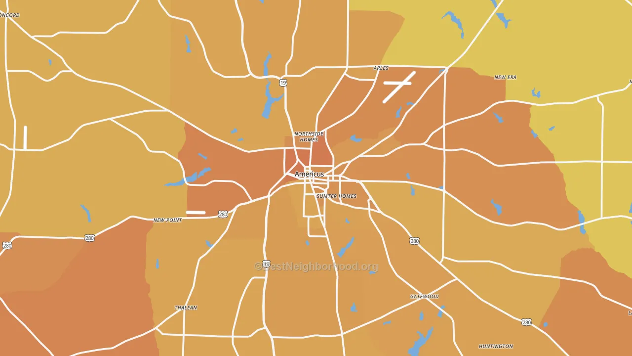 Map of the best neighborhoods in the Americus area, with better matches in green and worse matches in red