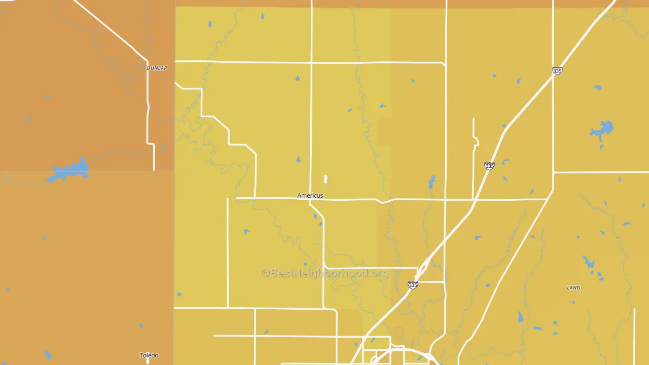 Map of the best neighborhoods in the Americus area, with better matches in green and worse matches in red