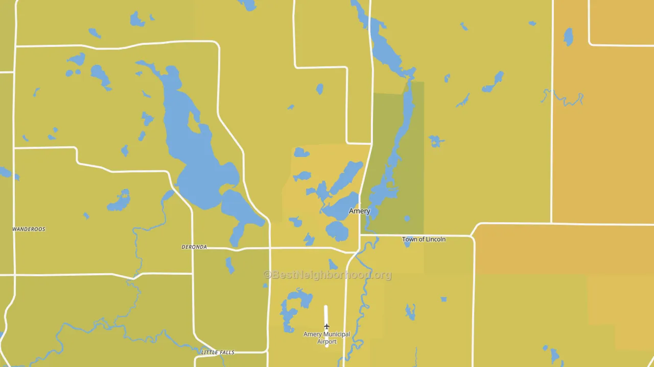 Map of the best neighborhoods in the Amery area, with better matches in green and worse matches in red