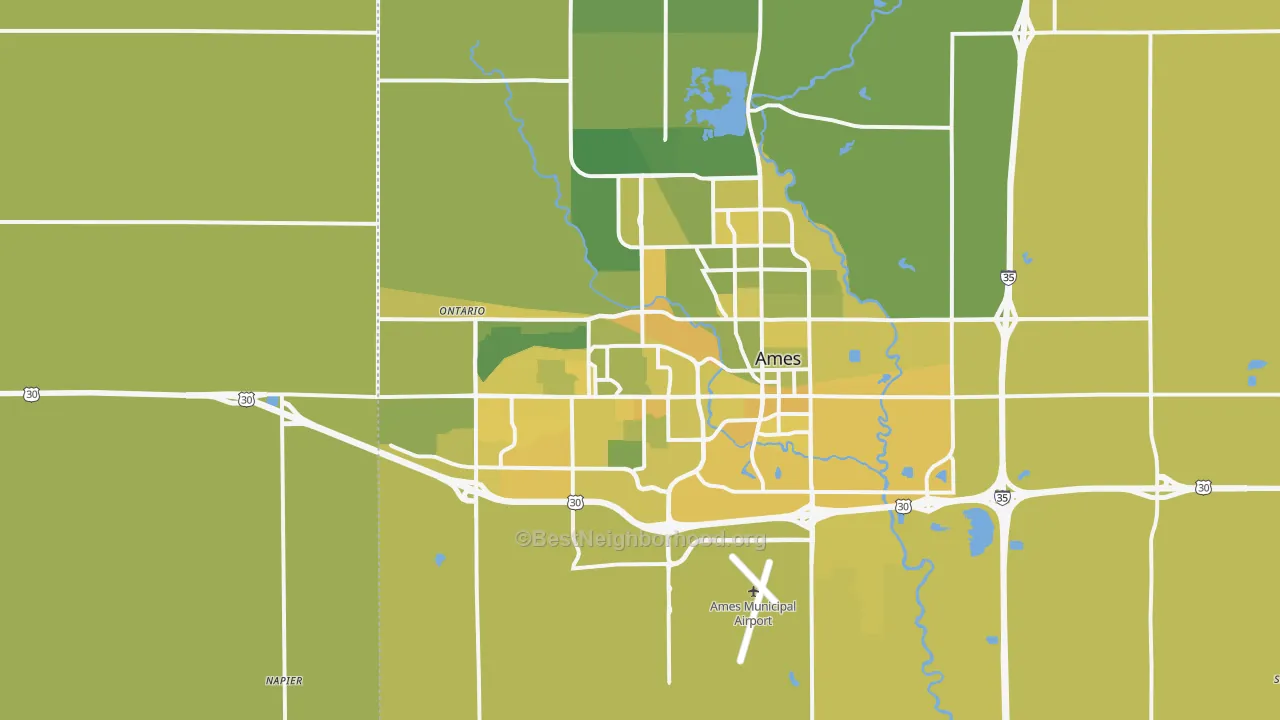 Map of the best neighborhoods in the Ames Metro area, with better matches in green and worse matches in red