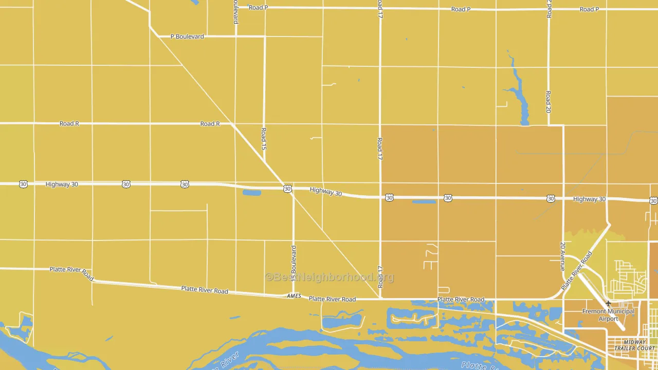 Map of the best neighborhoods in the Ames area, with better matches in green and worse matches in red
