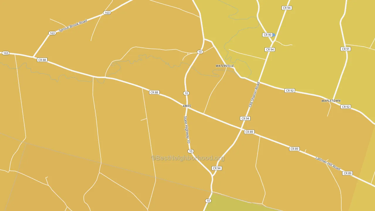 Map of the best neighborhoods in the Ames area, with better matches in green and worse matches in red