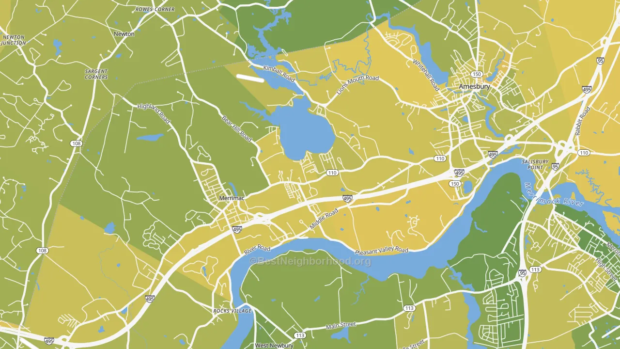 Map of the best neighborhoods in the Amesbury area, with better matches in green and worse matches in red
