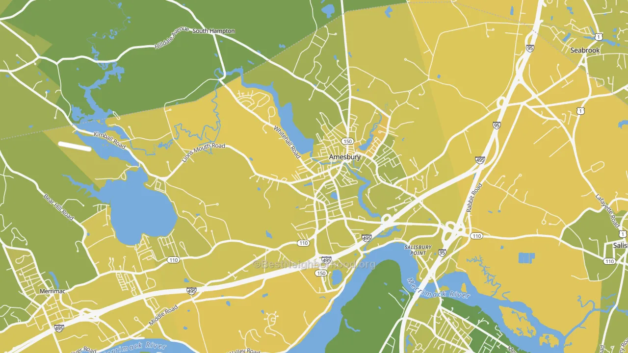 Map of the best neighborhoods in the Amesbury Town area, with better matches in green and worse matches in red