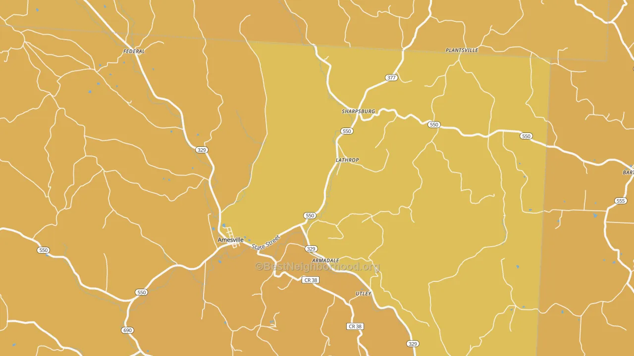 Map of the best neighborhoods in the Amesville area, with better matches in green and worse matches in red