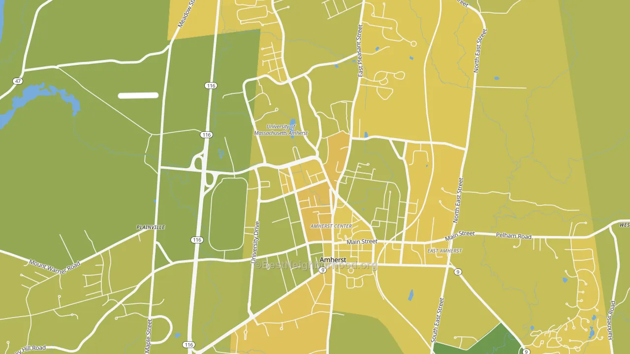 Map of the best neighborhoods in the Amherst Center area, with better matches in green and worse matches in red