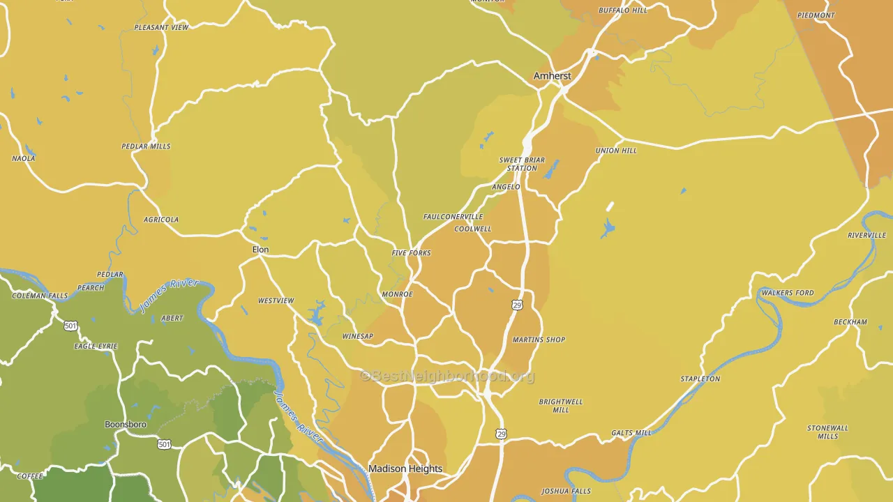 Map of the best neighborhoods in the Amherst County area, with better matches in green and worse matches in red