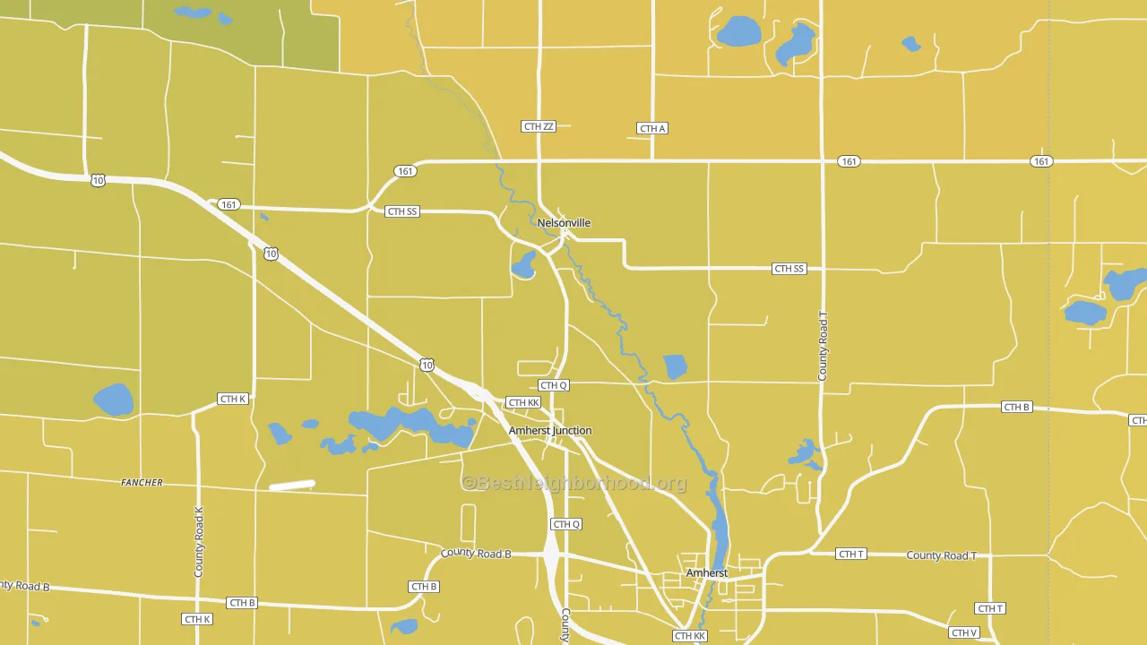 Map of the best neighborhoods in the Amherst Junction area, with better matches in green and worse matches in red