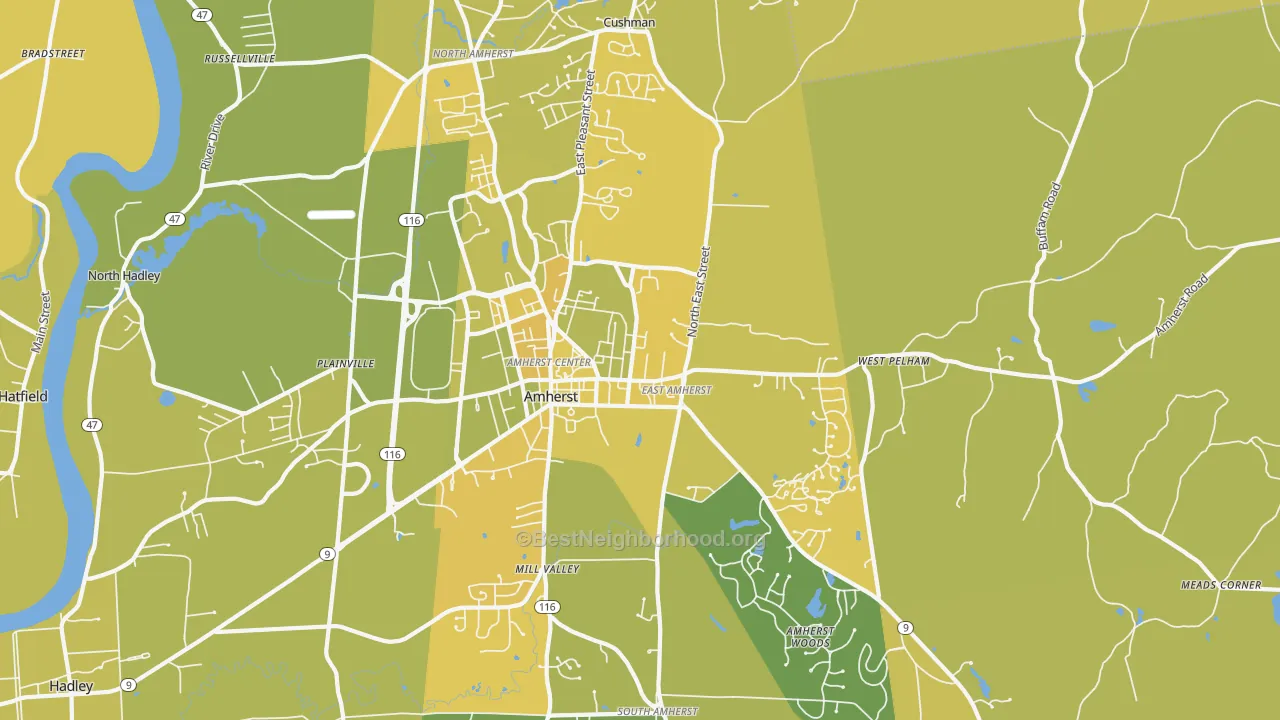 Map of the best neighborhoods in the Amherst Metro area, with better matches in green and worse matches in red