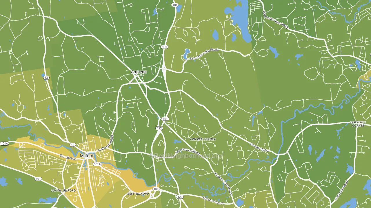 Map of the best neighborhoods in the Amherst area, with better matches in green and worse matches in red