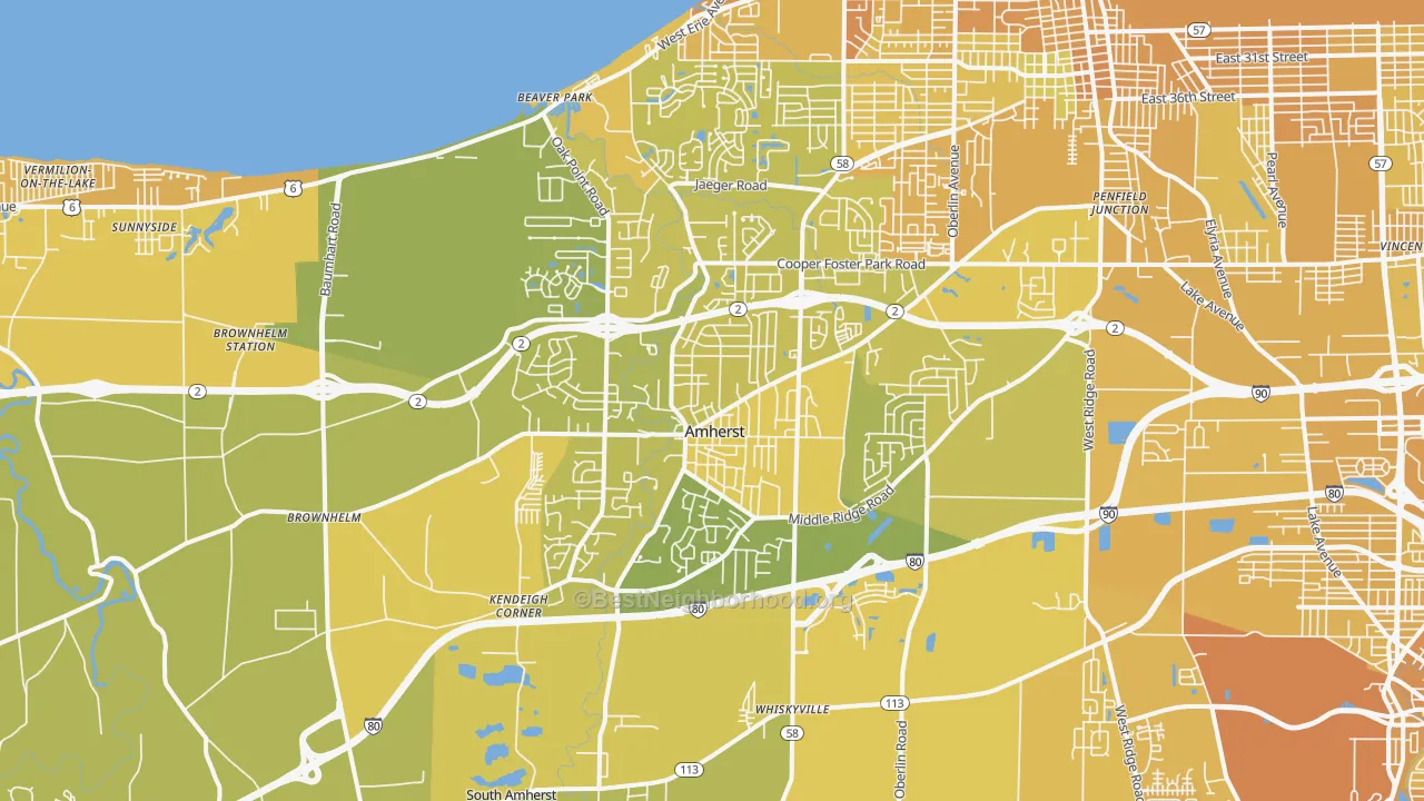 Map of the best neighborhoods in the Amherst area, with better matches in green and worse matches in red