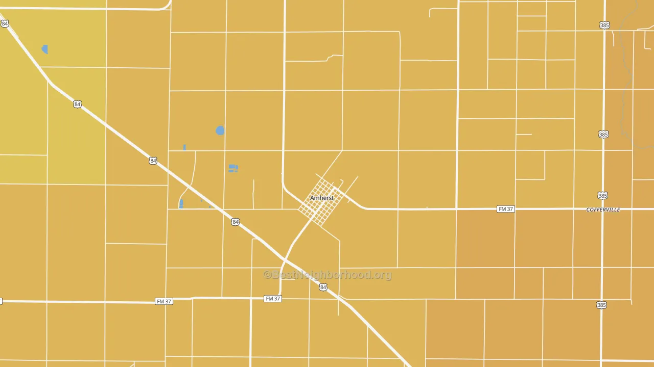 Map of the best neighborhoods in the Amherst area, with better matches in green and worse matches in red