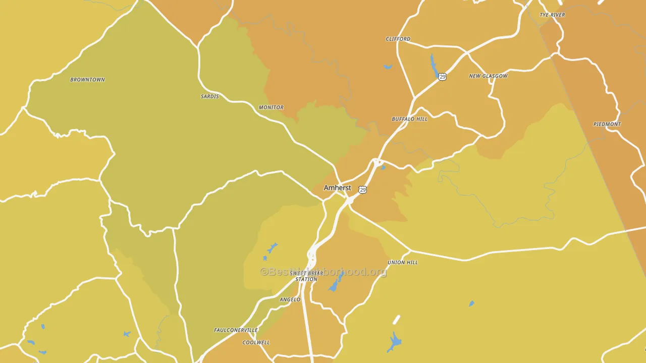 Map of the best neighborhoods in the Amherst area, with better matches in green and worse matches in red