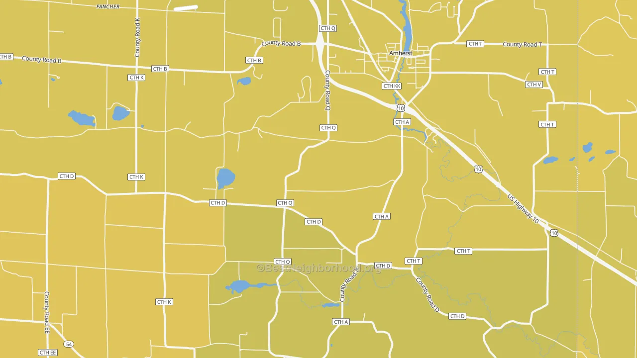 Map of the best neighborhoods in the Amherst area, with better matches in green and worse matches in red