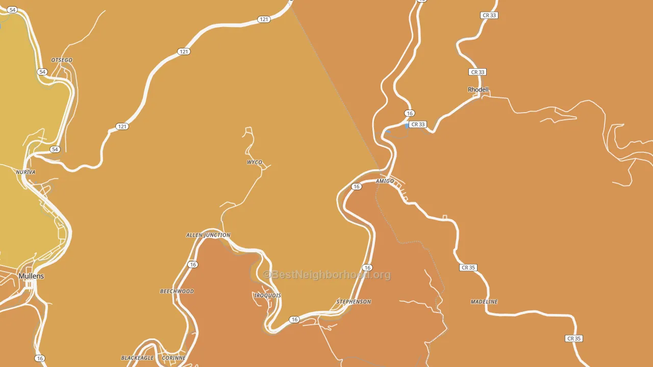 Map of the best neighborhoods in the Amigo area, with better matches in green and worse matches in red
