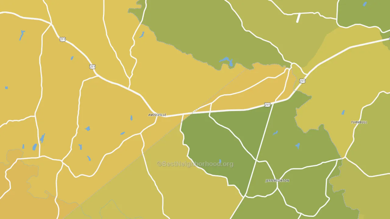 Map of the best neighborhoods in the Amissville area, with better matches in green and worse matches in red