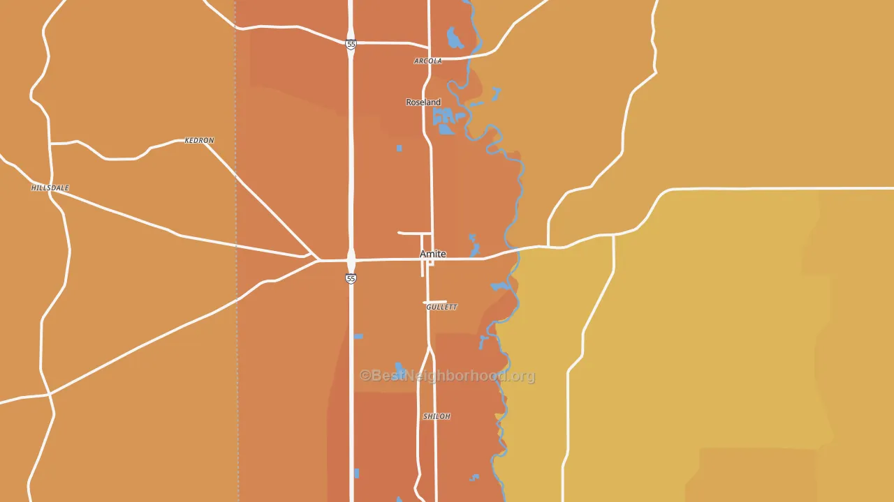 Map of the best neighborhoods in the Amite City area, with better matches in green and worse matches in red