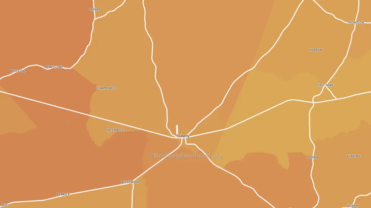 Map of the best neighborhoods in the Amite County area, with better matches in green and worse matches in red