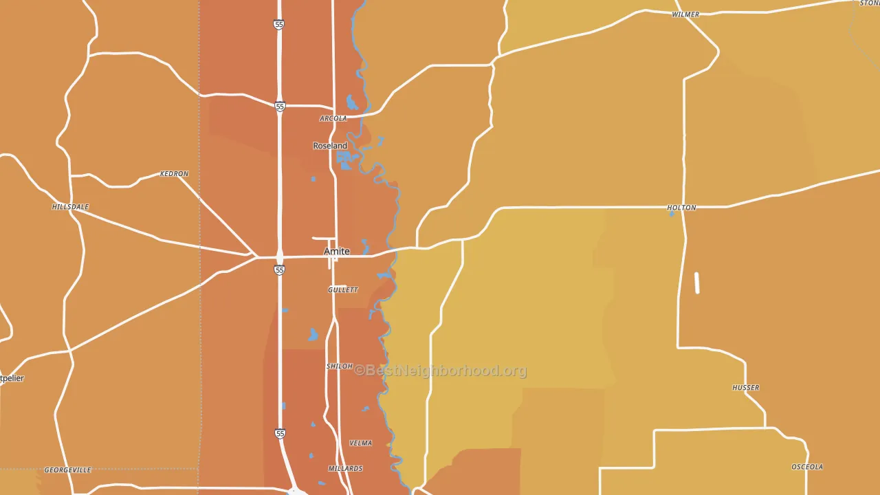 Map of the best neighborhoods in the Amite area, with better matches in green and worse matches in red