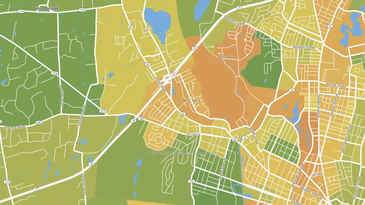 Map of the best neighborhoods in the Amity, New Haven area, with better matches in green and worse matches in red