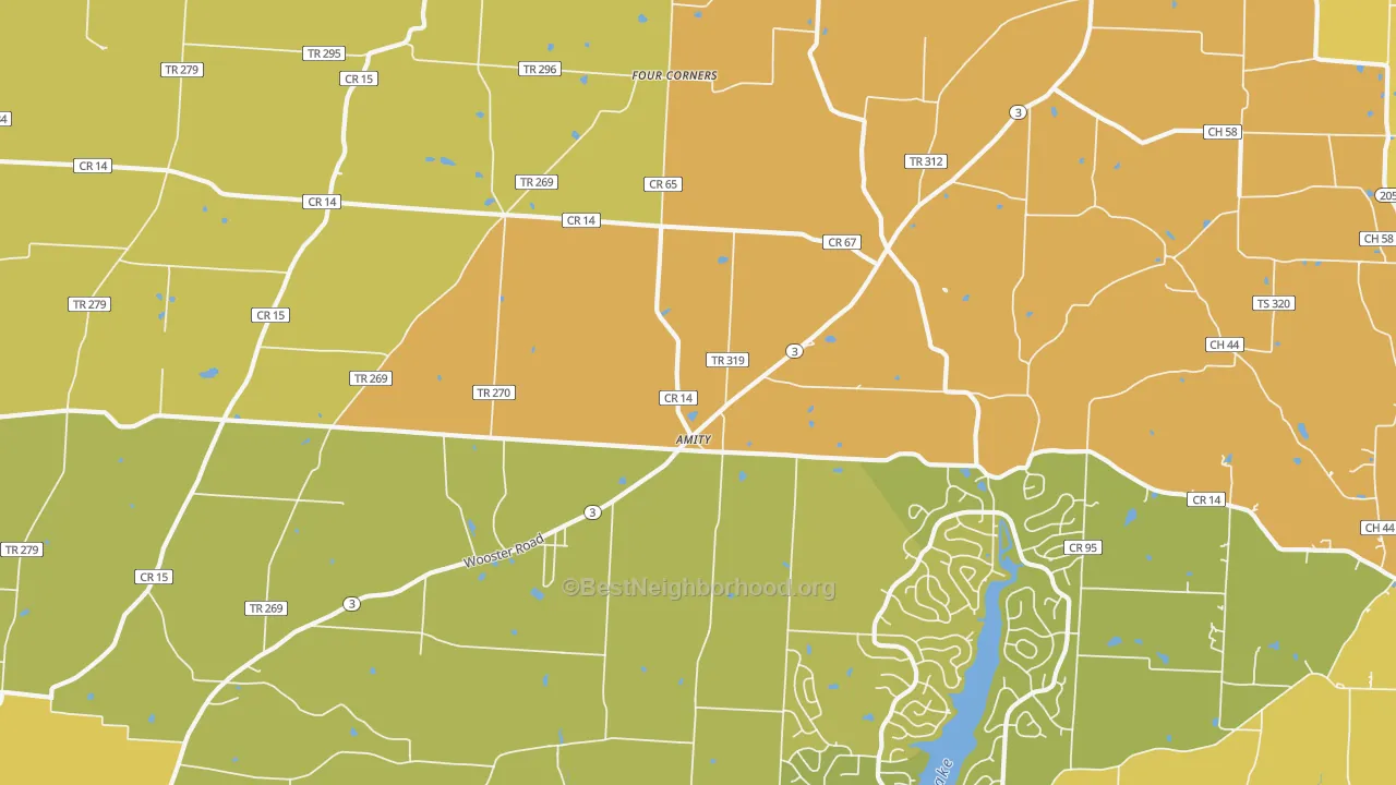 Map of the best neighborhoods in the Amity area, with better matches in green and worse matches in red
