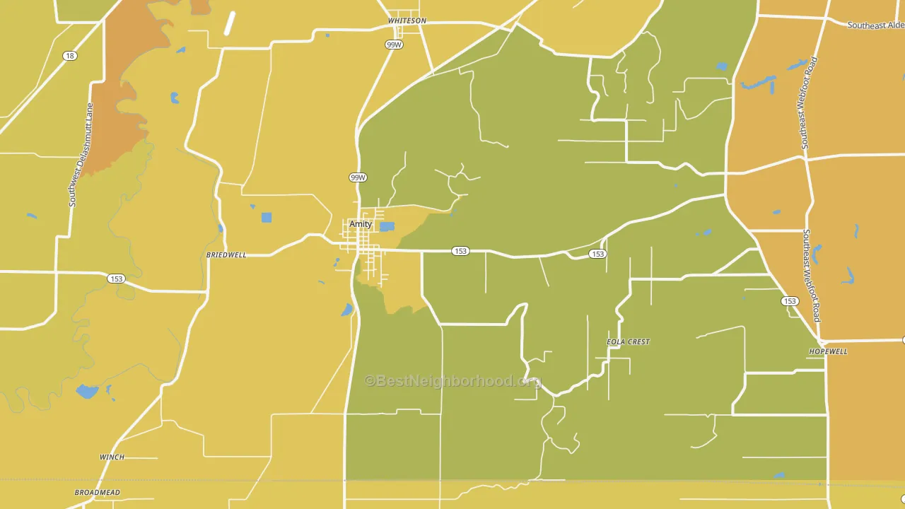 Map of the best neighborhoods in the Amity area, with better matches in green and worse matches in red