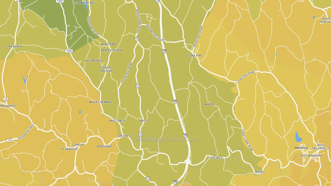 Map of the best neighborhoods in the Amity area, with better matches in green and worse matches in red